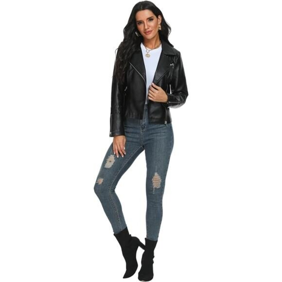 Women's Black Leather Jacket - Picture 2 of 5